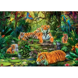 Jumbo (17245) - "Family of tigers at the Oasi" - 1000 pieces puzzle