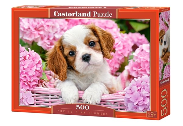 Castorland (B-52233) - "Pup in Pink Flowers" - 500 pieces puzzle