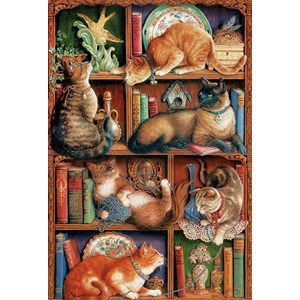 Cobble Hill (50710) - Janet Kruskamp: "Feline Bookcase" - 2000 pieces puzzle