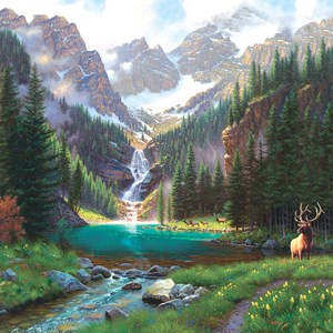 SunsOut (52982) - Mark Keathley: "Elk at the Waterfall" - 1000 pieces puzzle